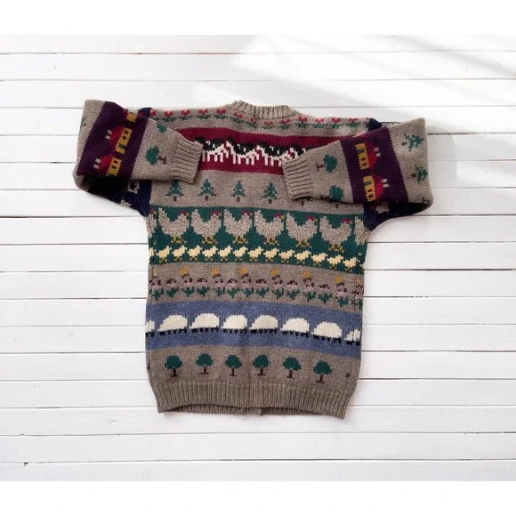 Susan Bristol vtg brown sheep cow chicken farm animal cardigan sweater‎ - Picture 5 of 5